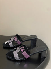 HM 25S ORAN HIGH‑HEEL SANDAL 50 MM IN BLACK LAMBSKIN WITH WHITE MIX PINK STONE DETAILS