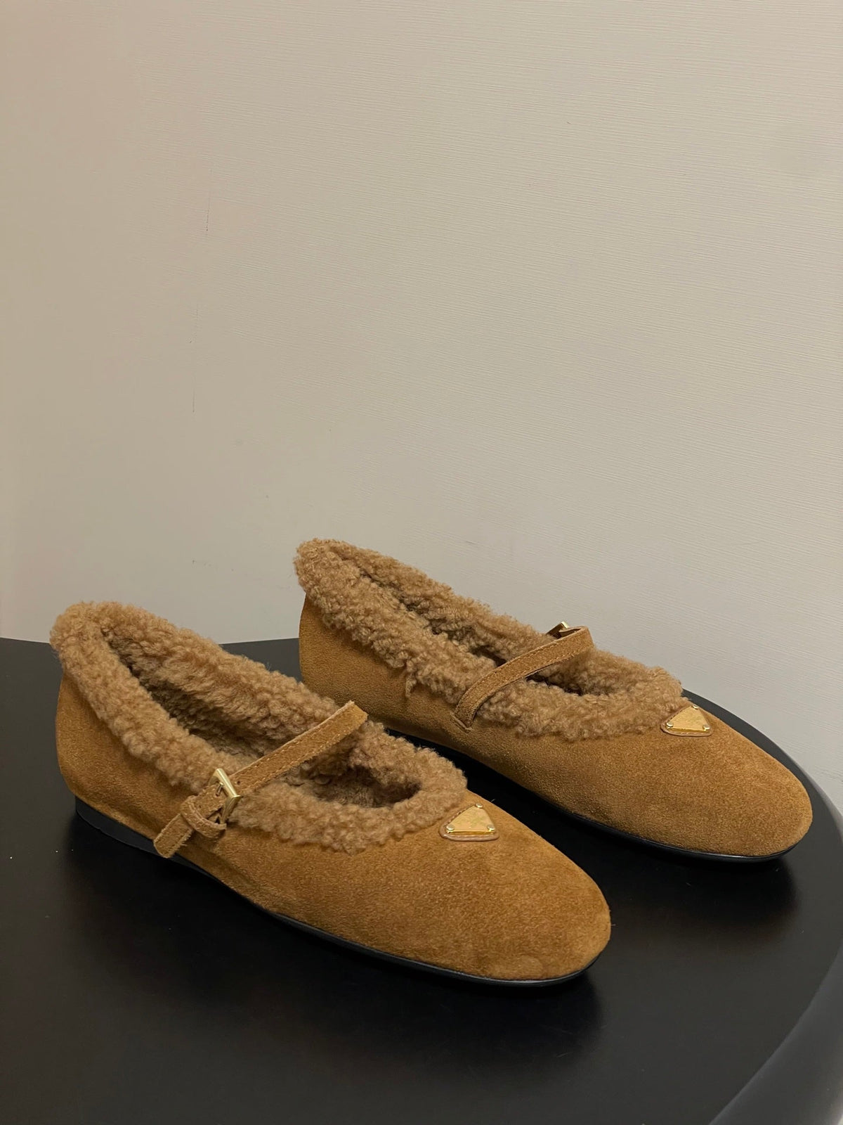 PRADA 25S MARY JANE FLATS IN DARK WALNUT BROWN SUEDE WITH GOLD HARDWARE