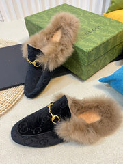 HORSEBIT MULE IN BLACK MONOGRAM VELVET AND LAMB WOOL LINING