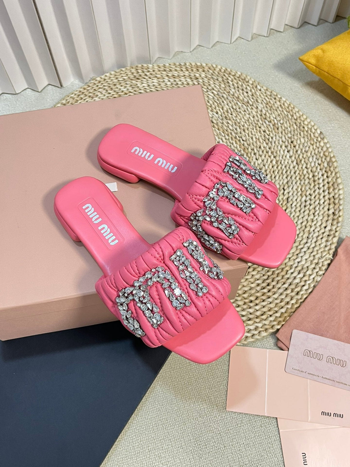 Women's Neon Pink Leather Diamond Slippers