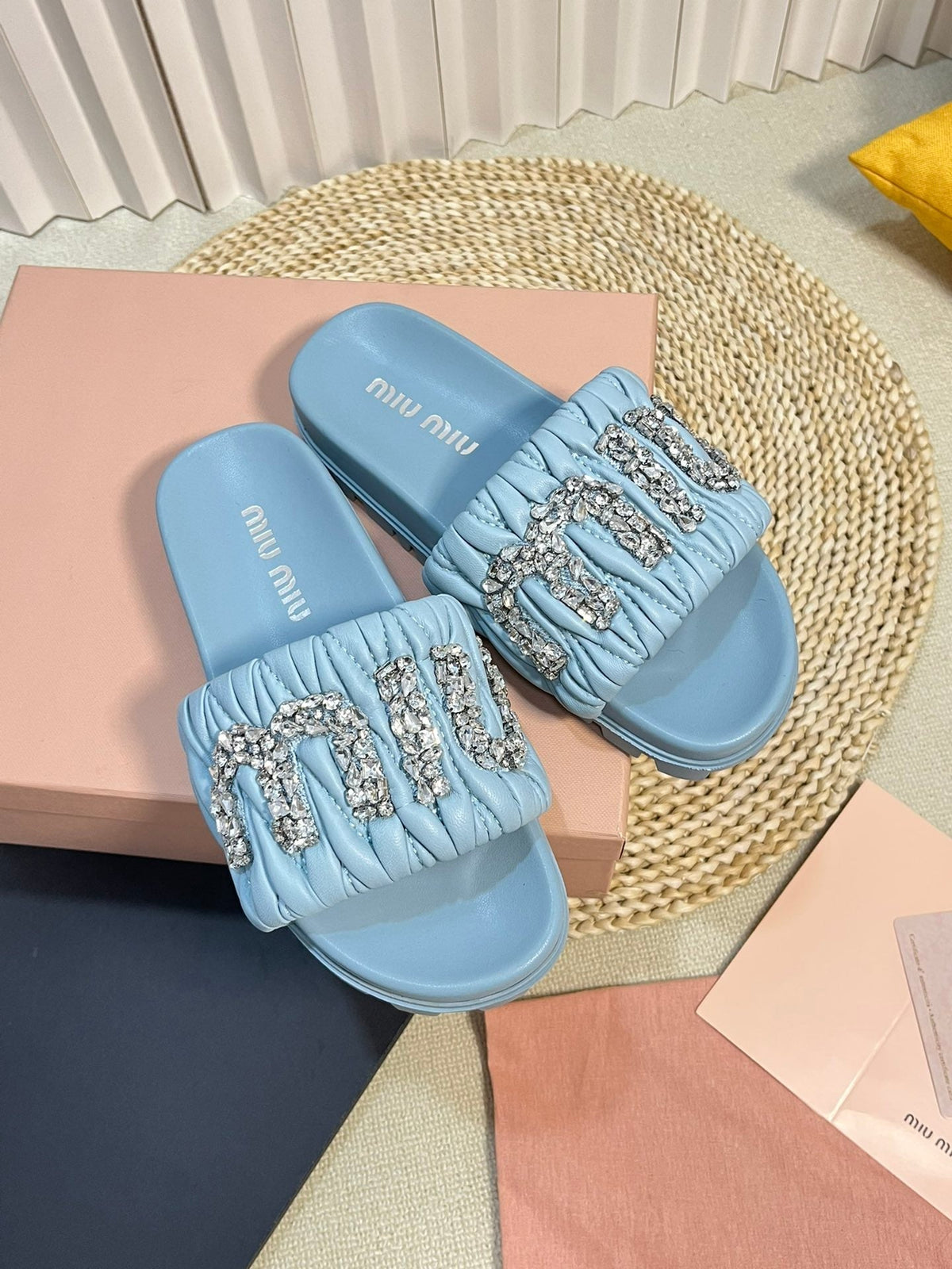 Sky Blue Sheepskin Diamond Slippers