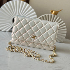 CHANEL 25S WALLET ON CHAIN 19 IN PEARL WHITE LAMBSKIN
