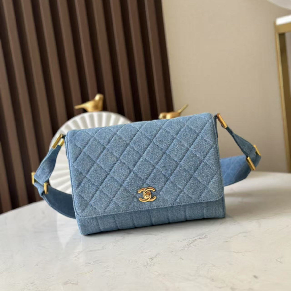 CHANEL 25S SHOULDER BAG 26 IN BLUE DENIM WITH GOLD HARDWARE