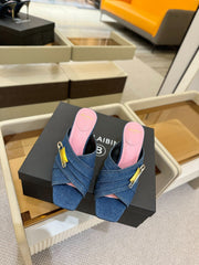 BALMAIN 25S HIGH HEEL SANDALS 95MM IN BLUE DENIM