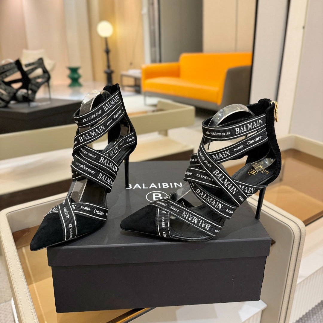 BALMAIN 25S HIGH HEELS LOGO RIBBON 95MM IN BLACK FULL SUEDE