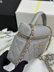 STRASS VANITY QUILTED CASE 19 IN GREY CALFSKIN WITH GOLD METALLIC