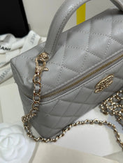 STRASS VANITY QUILTED CASE 19 IN GREY CALFSKIN WITH GOLD METALLIC