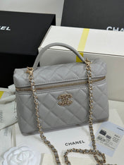 STRASS VANITY QUILTED CASE 19 IN GREY CALFSKIN WITH GOLD METALLIC