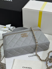 STRASS VANITY QUILTED CASE 19 IN GREY CALFSKIN WITH GOLD METALLIC
