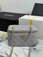 VANITY CASE 17 CRYSTAL STUDDED LOGO IN GREY CALFSKIN GOLD HARDWARE