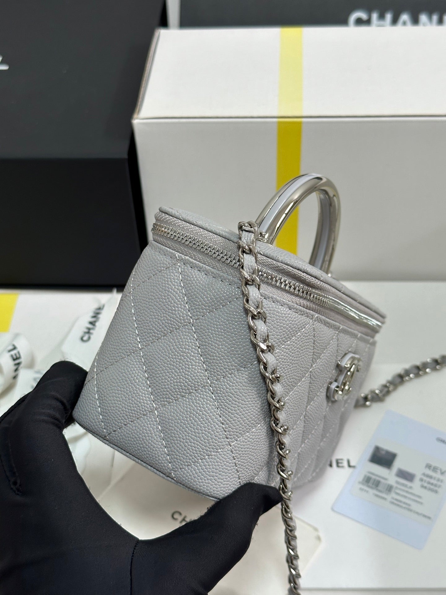 MINI VANITY TOP HANDLE CASE 17 IN GREY CAVIAR SKIN SILVER-TONE PLATED METAL