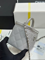 MINI VANITY TOP HANDLE CASE 17 IN GREY CAVIAR SKIN SILVER-TONE PLATED METAL