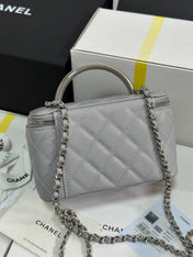 MINI VANITY TOP HANDLE CASE 17 IN GREY CAVIAR SKIN SILVER-TONE PLATED METAL