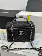 MINI VANITY TOP HANDLE CASE 17 IN BLACK CAVIAR SKIN SILVER-TONE PLATED METAL