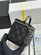 MINI VANITY TOP HANDLE CASE 17 IN BLACK CAVIAR SKIN SILVER-TONE PLATED METAL