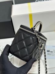 MINI VANITY TOP HANDLE CASE 17 IN BLACK CAVIAR SKIN SILVER-TONE PLATED METAL