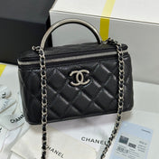 MINI VANITY TOP HANDLE CASE 17 IN BLACK CAVIAR SKIN SILVER-TONE PLATED METAL