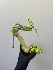TOM FORD 26S HIGH HEEL SANDALS IN NEON YELLOW AND BLACK SNAKESKIN CALFSKIN
