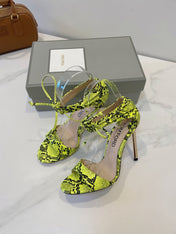 TOM FORD 26S HIGH HEEL SANDALS IN NEON YELLOW AND BLACK SNAKESKIN CALFSKIN