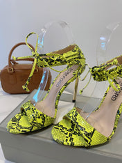 TOM FORD 26S HIGH HEEL SANDALS IN NEON YELLOW AND BLACK SNAKESKIN CALFSKIN