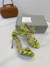 TOM FORD 26S HIGH HEEL SANDALS IN NEON YELLOW AND BLACK SNAKESKIN CALFSKIN