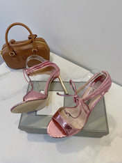 TOM FORD 26S HIGH HEEL SANDALS IN LIGHT METALLIC PINK SNAKESKIN CALFSKIN