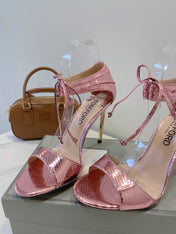 TOM FORD 26S HIGH HEEL SANDALS IN LIGHT METALLIC PINK SNAKESKIN CALFSKIN