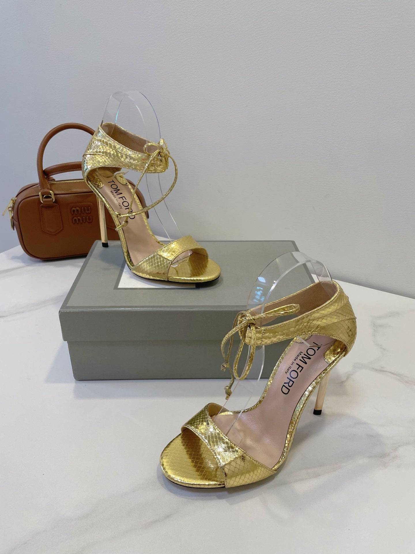 TOM FORD 26S HIGH HEEL SANDALS IN METALLIC GOLD SNAKESKIN CALFSKIN