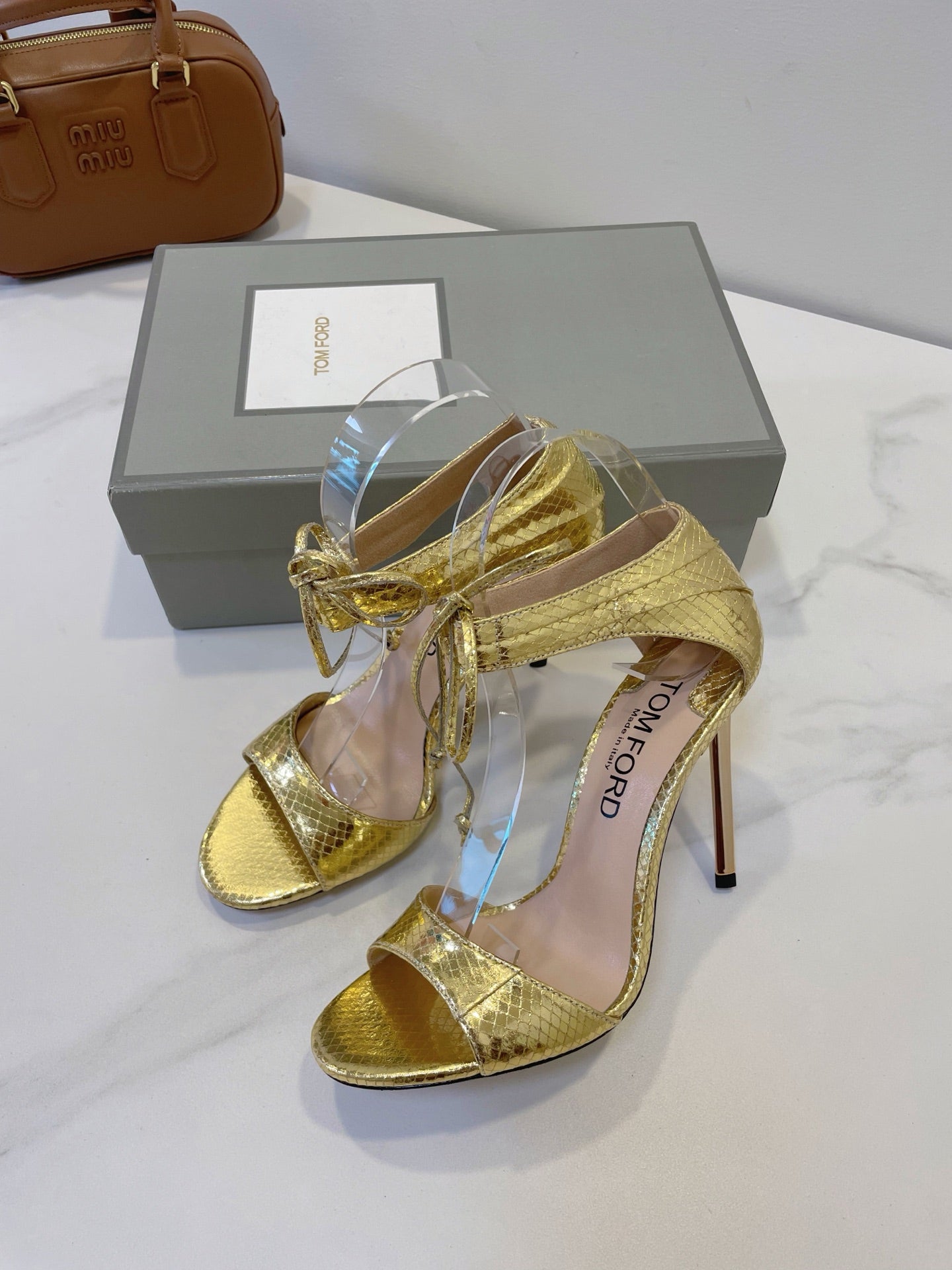 TOM FORD 26S HIGH HEEL SANDALS IN METALLIC GOLD SNAKESKIN CALFSKIN