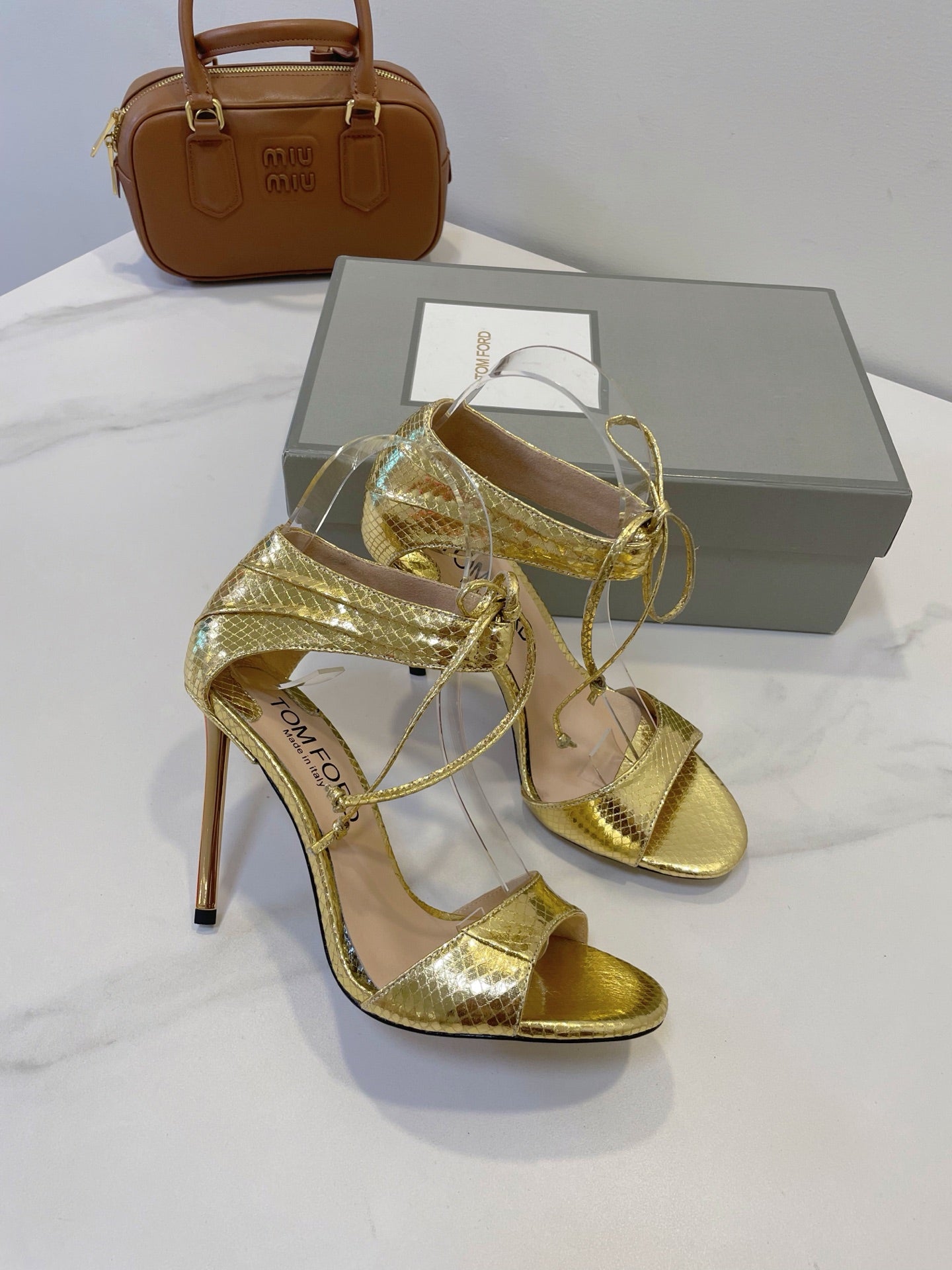 TOM FORD 26S HIGH HEEL SANDALS IN METALLIC GOLD SNAKESKIN CALFSKIN