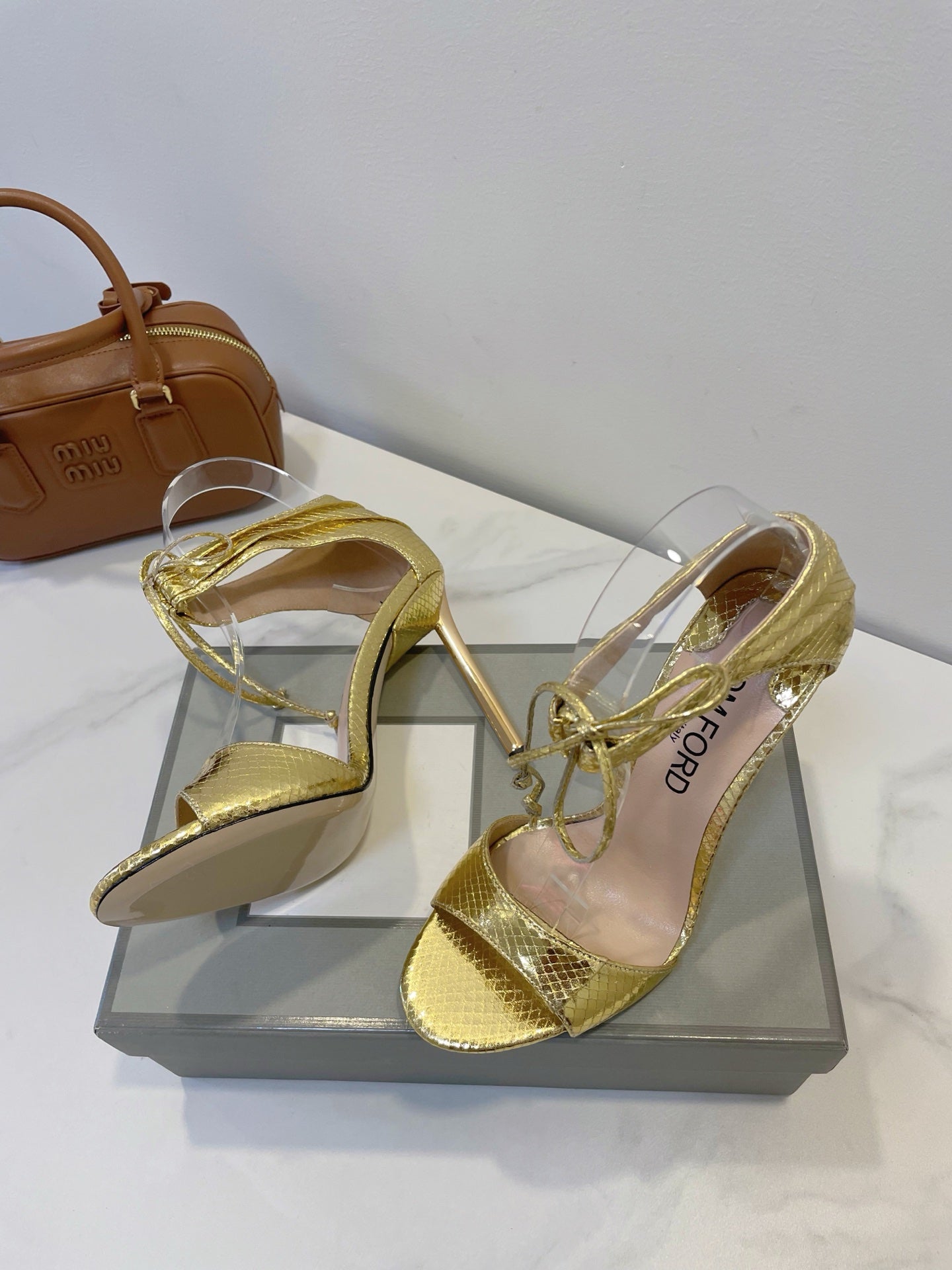 TOM FORD 26S HIGH HEEL SANDALS IN METALLIC GOLD SNAKESKIN CALFSKIN
