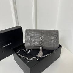 KATE TASSEL 24 CROCODILE PATTERN DARK GREY CALFSKIN