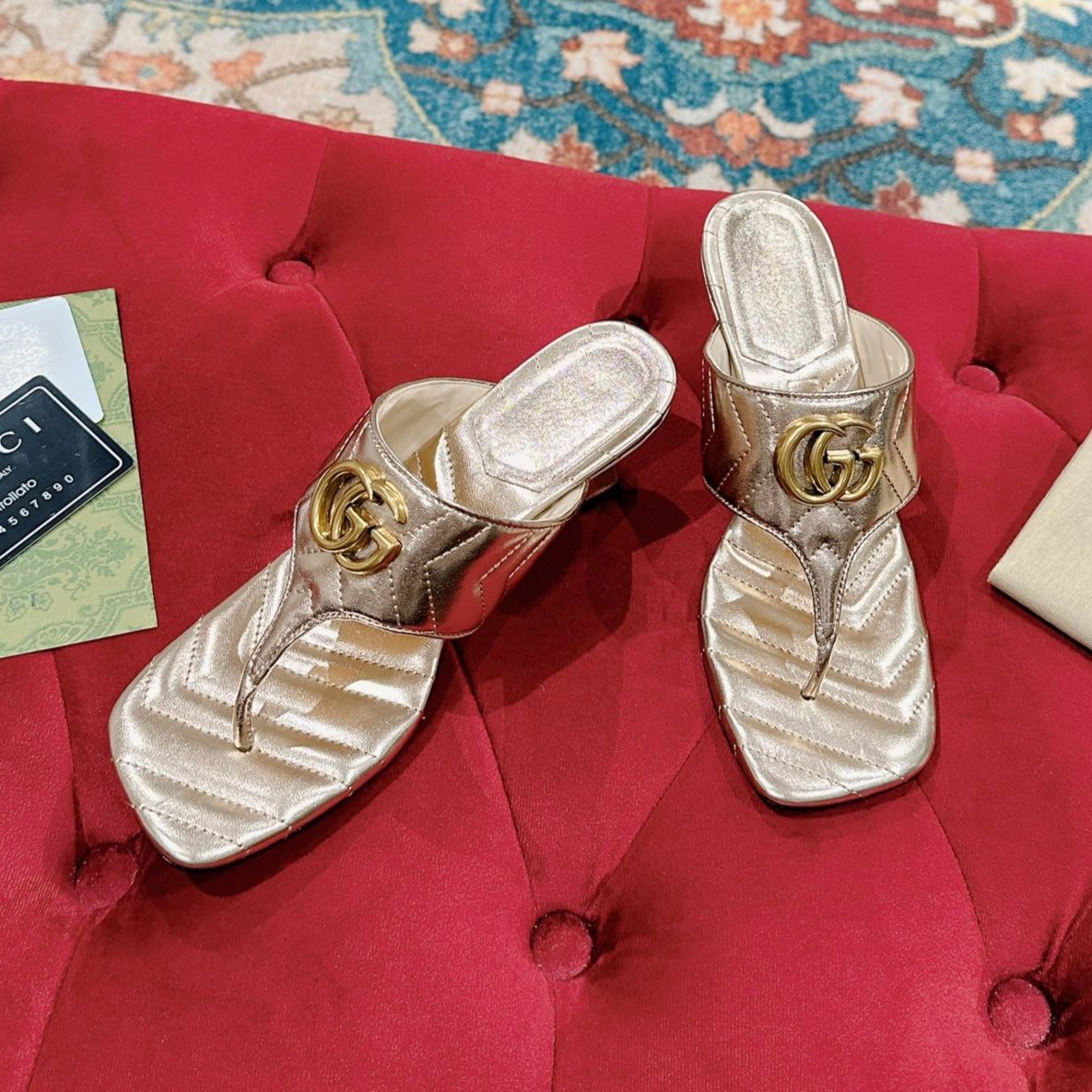 HIGH THONG MULE 55MM IN LIGHT GOLD CALFSKIN WITH GOLD HARDWARE