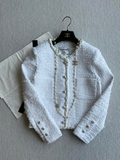 Chanel 25P Cardigan White Tweed With Pearl 234889