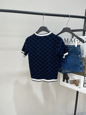 GUCCI SHORT-SLEEVE CREW NECK KNIT TOP WITH WHITE TRIM 256819