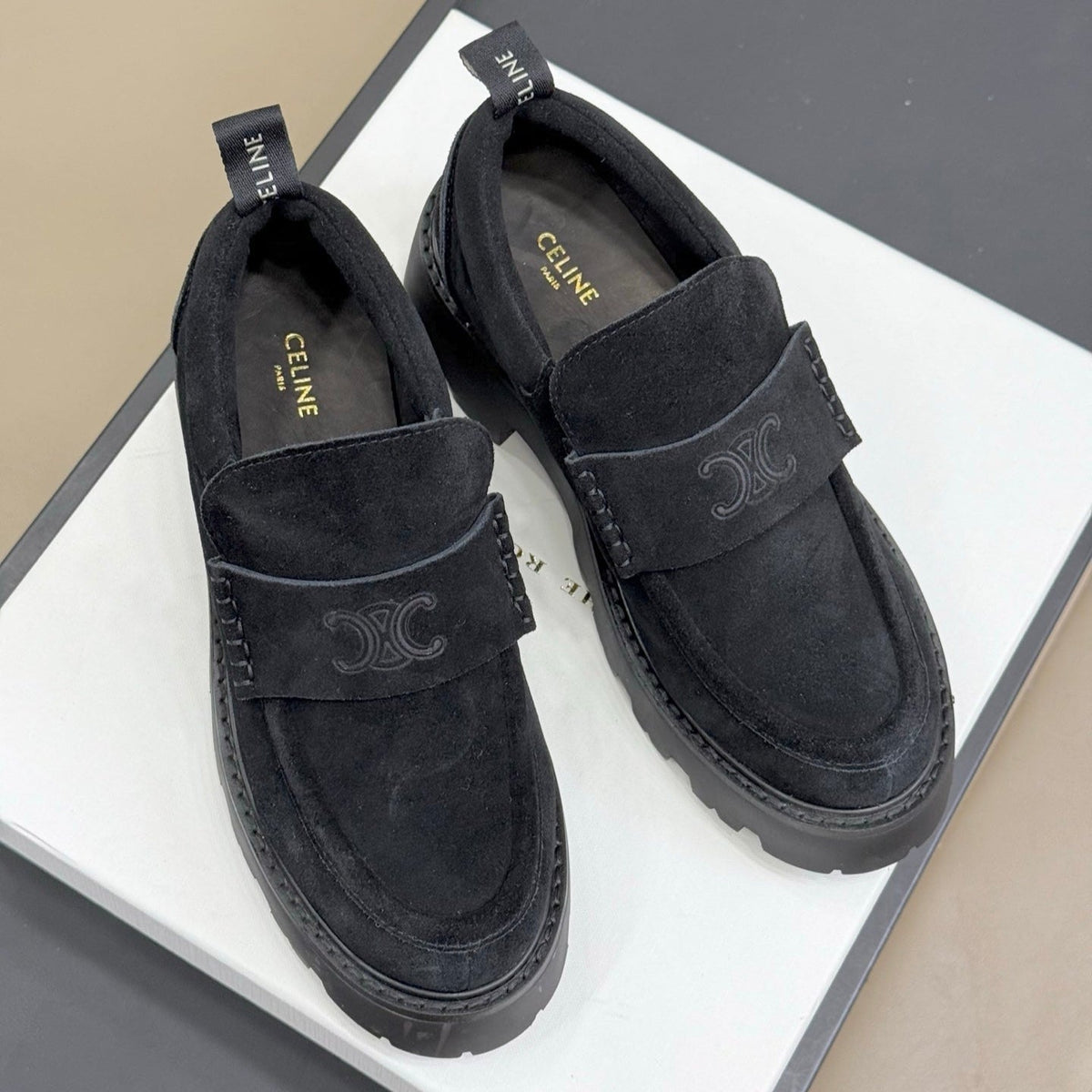 CELINE 25S SERIN CHUNKY LOAFERS 50MM IN BLACK SUEDE