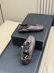 PRADA 25S COLLAPSE FLAT SHOES IN DARK BROWN CALFSKIN