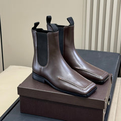 ALAIA 25S SQUARE TOE CHELSEA ANKLE BOOTS SHOES IN BROWN CALFSKIN