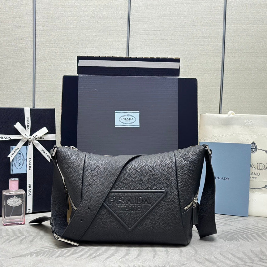 PRADA 25S SHOULDER STRAP BAG 26 IN BLACK CALFSKIN SILVER HARDWARE