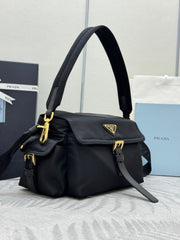 PRADA 25S EXPLORE LARGE SHOULDER BAG 30 IN BLACK RE-NYLON WITH FLAP