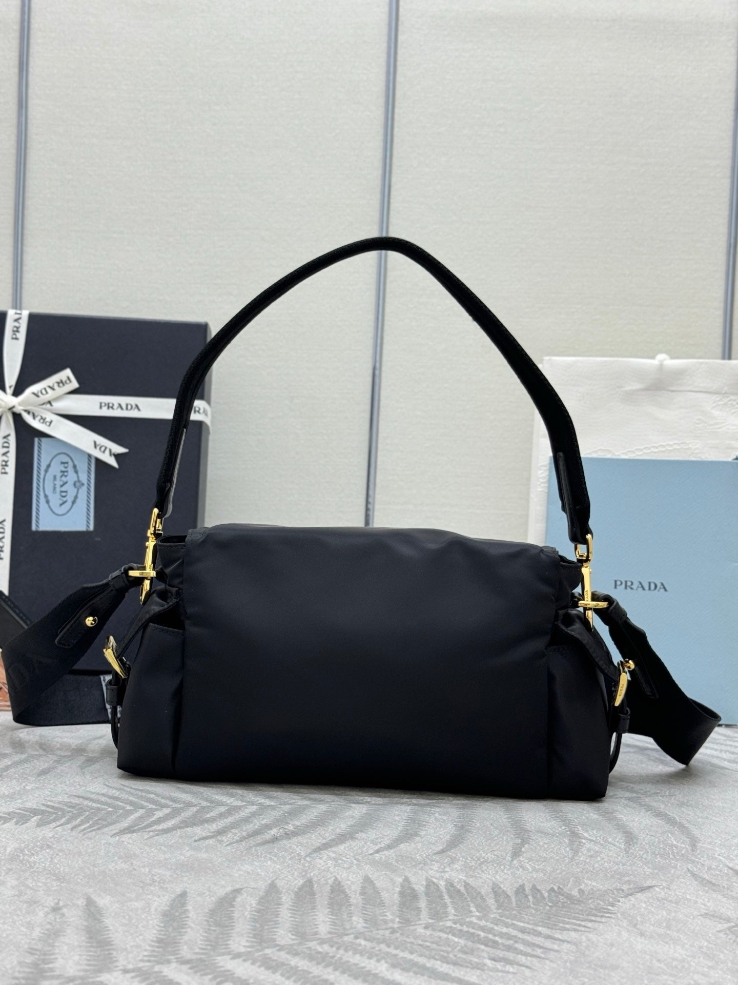 PRADA 25S EXPLORE LARGE SHOULDER BAG 30 IN BLACK RE-NYLON WITH FLAP