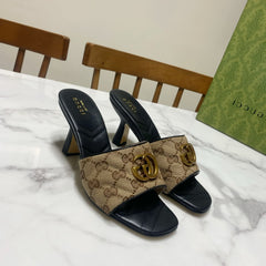 GUCCI 26S HEELED SLIDES 75 MM IN SAND BROWN CANVAS AND BLACK LAMBSKIN