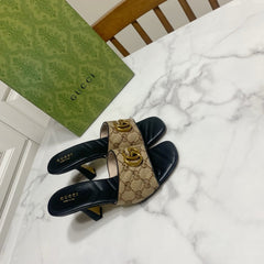 GUCCI 26S HEELED SLIDES 75 MM IN SAND BROWN CANVAS AND BLACK LAMBSKIN