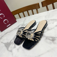 GUCCI 26S FLAT SLIDES IN BLACK CALFSKIN WITH CRYSTAL