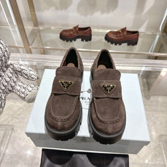 PRADA 25S THICK-SOLE LOAFERS 60 MM IN DARK BROWN SUEDE