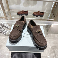 PRADA 25S THICK-SOLE LOAFERS 60 MM IN DARK BROWN SUEDE