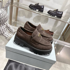 PRADA 25S THICK-SOLE LOAFERS 60 MM IN DARK BROWN SUEDE