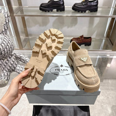 PRADA 25S THICK-SOLE LOAFERS 60 MM IN BEIGE SUEDE