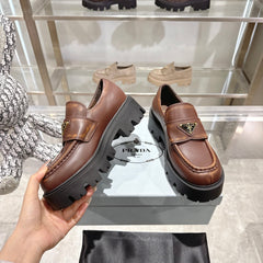 PRADA 25S THICK-SOLE LOAFERS 60 MM IN BROWN SMOOTH CALFSKIN