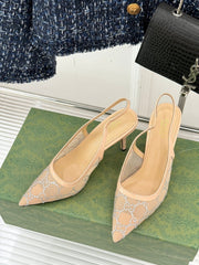 GG HIGH SLINGBACK 8.5 CM IN BEIGE CLASSIC POINTED-TOE MESH WITH RHINESTONE EMBELLISHMENTS